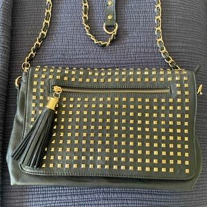 Black and gold studded crossbody bag with with gold link chain